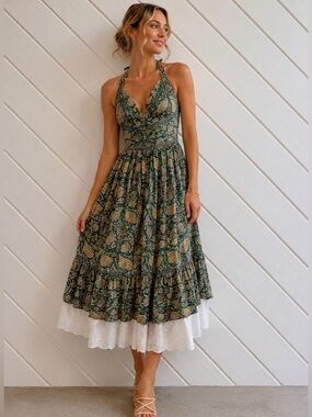 FREE PEOPLE Green Floral Halter Midi Cotton Dress with White Eyelet Trim